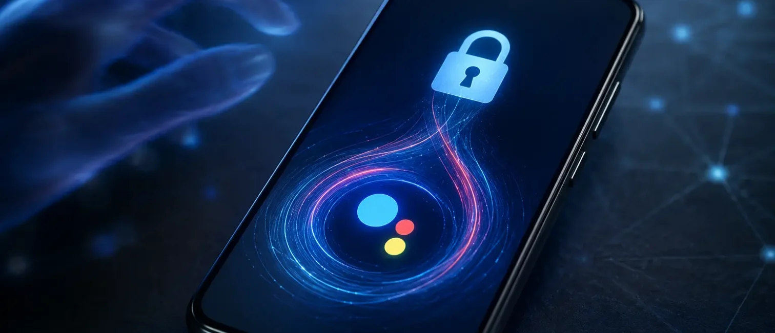 Smartphone mit leuchtendem Schloss-Symbol und KI-Visualisierung, während sich eine Hand dem gesperrten Gerät nähert.