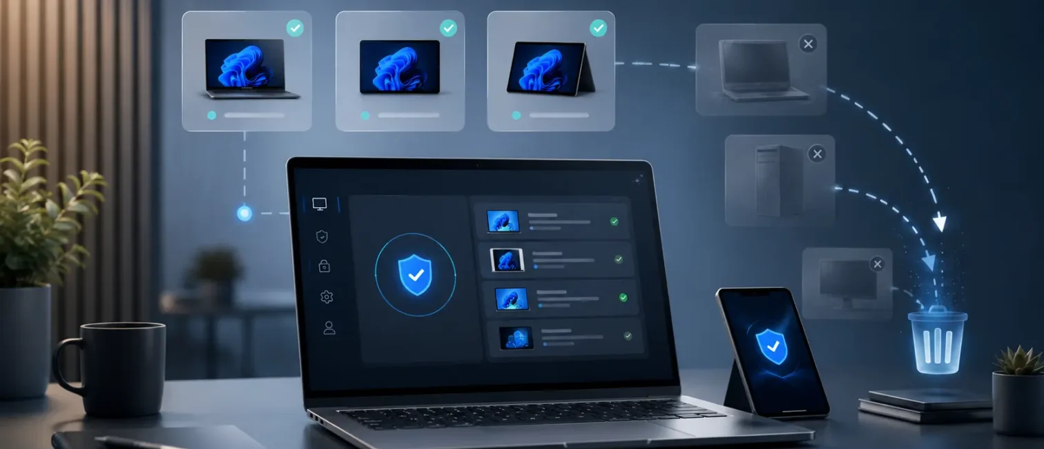 Modernes Dashboard zur Windows-Geräteverwaltung mit aktiven und entfernten Geräten auf einem Laptop.