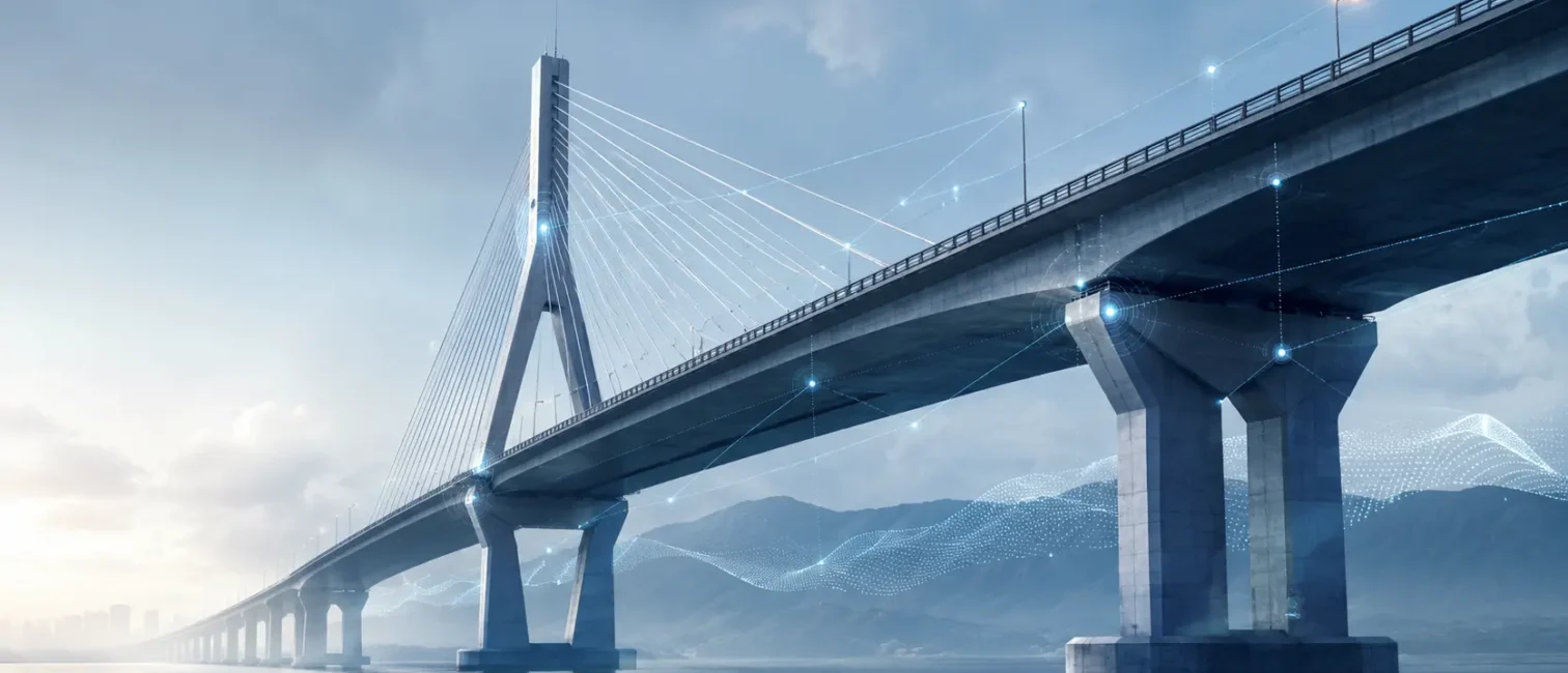 Moderne Brücke mit digitalen Sensorknoten und Datenlinien als Symbol für KI-gestütztes Monitoring kritischer Infrastruktur.