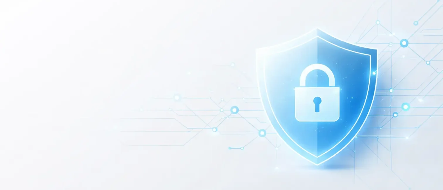 Minimales, helles Beitragsbild mit abstraktem Schutzschild und vernetzten Knoten auf der rechten Bildseite, symbolisch für IT-Sicherheit und NetScaler-Infrastruktur.