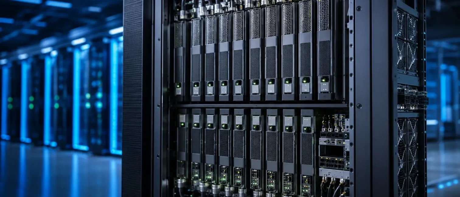 Geöffneter Hochleistungs-Serverrack mit zahlreichen Beschleunigermodulen und Flüssigkeitskühlung in einem modernen Rechenzentrum