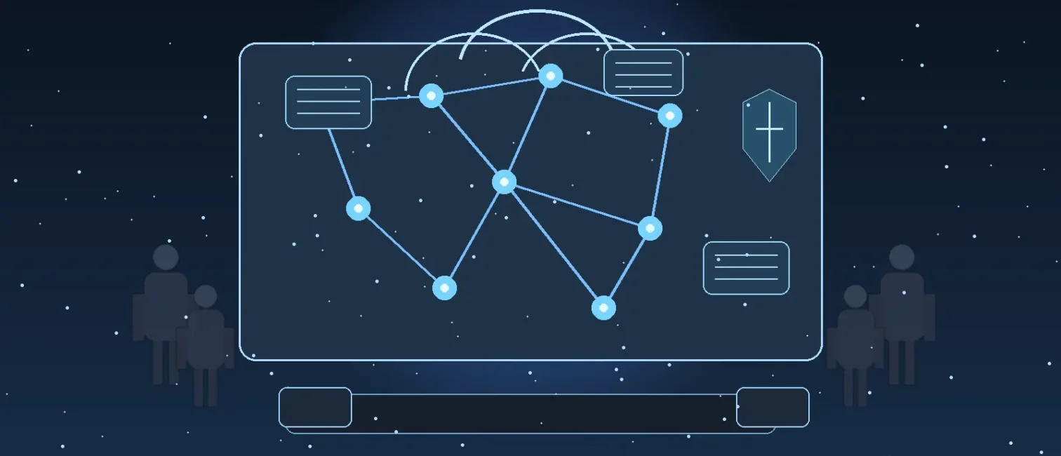 Modernes B2B-IT-Visual mit vernetzter KI-Architektur, Cloud-Strukturen, Security-Symbol und Unternehmens-Teams.