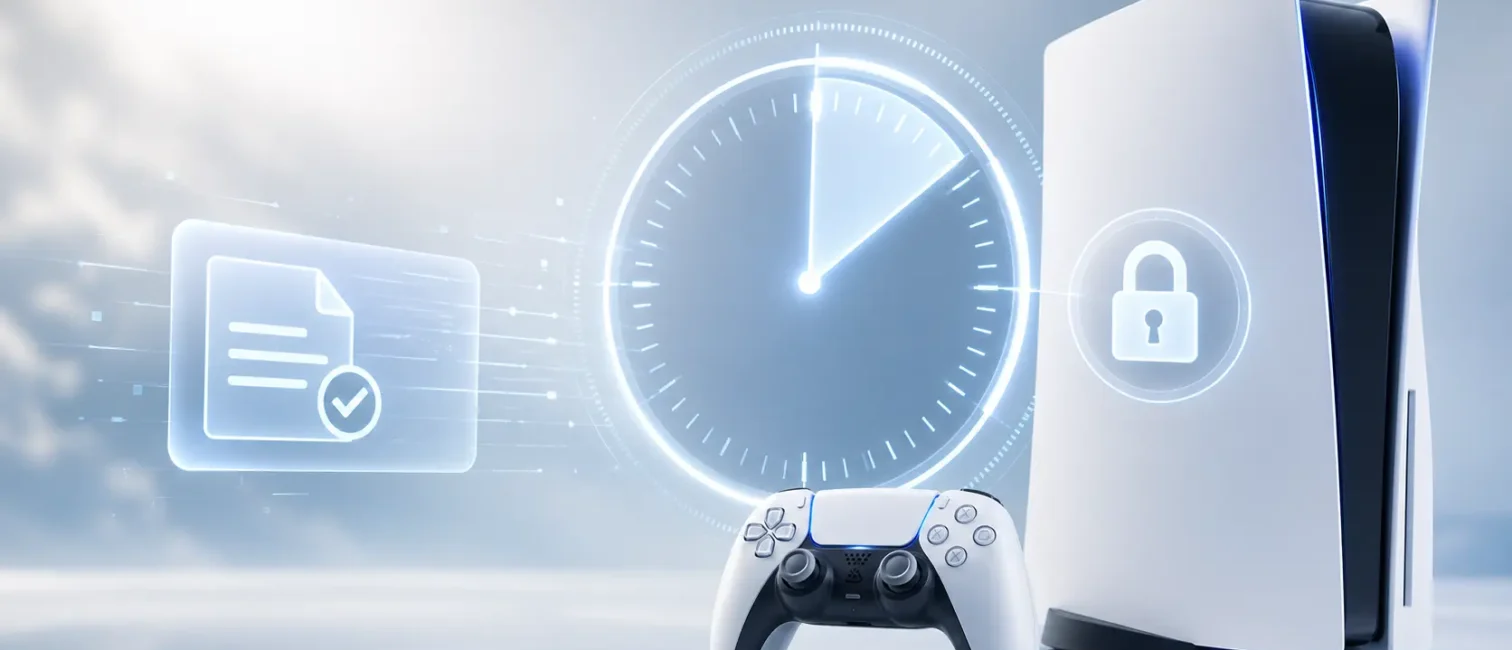 Helle Illustration einer Spielkonsole mit Controller, digitalem Countdown, Schloss-Symbol und Lizenz-Icon.