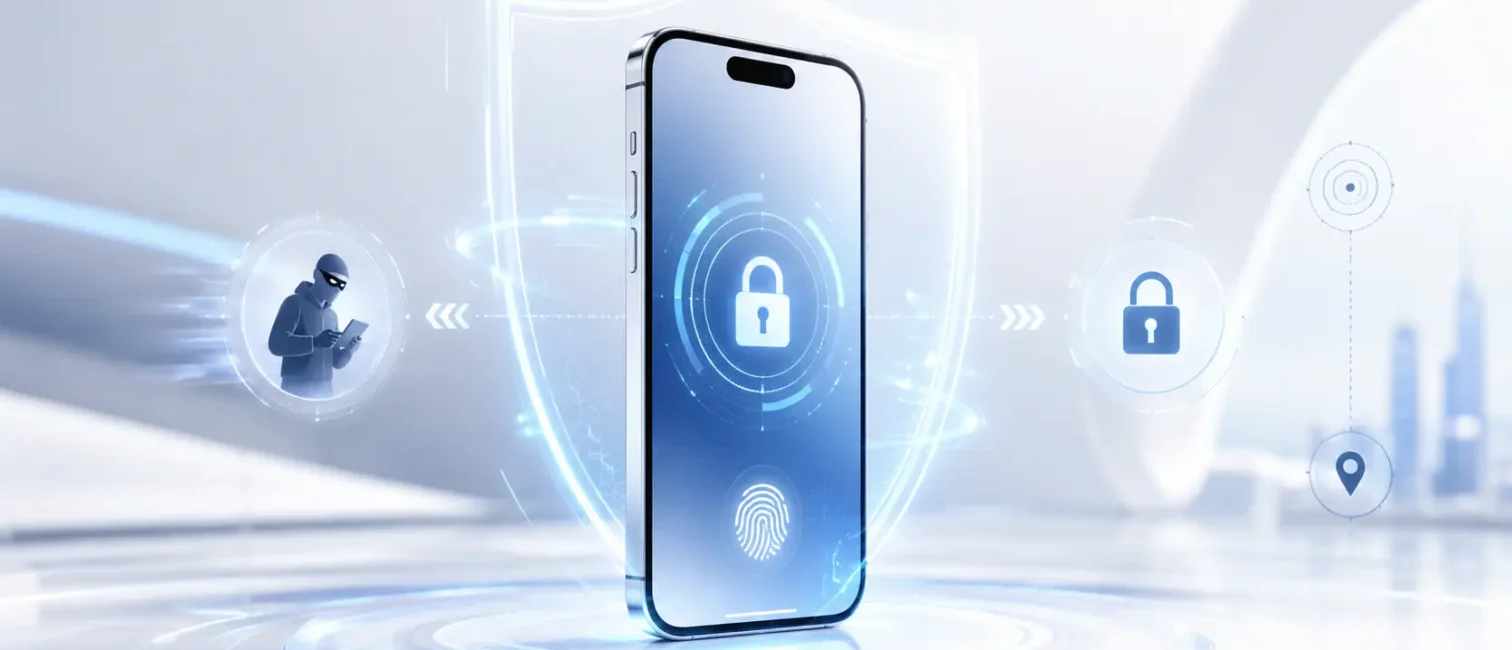 Futuristisches Smartphone mit holografischem Schutzschild, Schloss-Symbolen und Sicherheits-Interface gegen mobilen Diebstahl