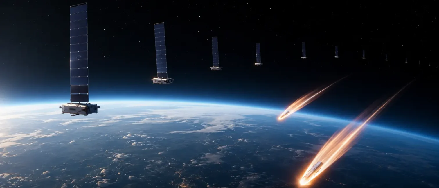 Satelliten über der Erde, während zwei Objekte kontrolliert in die Atmosphäre eintreten und leuchtende Spuren ziehen.