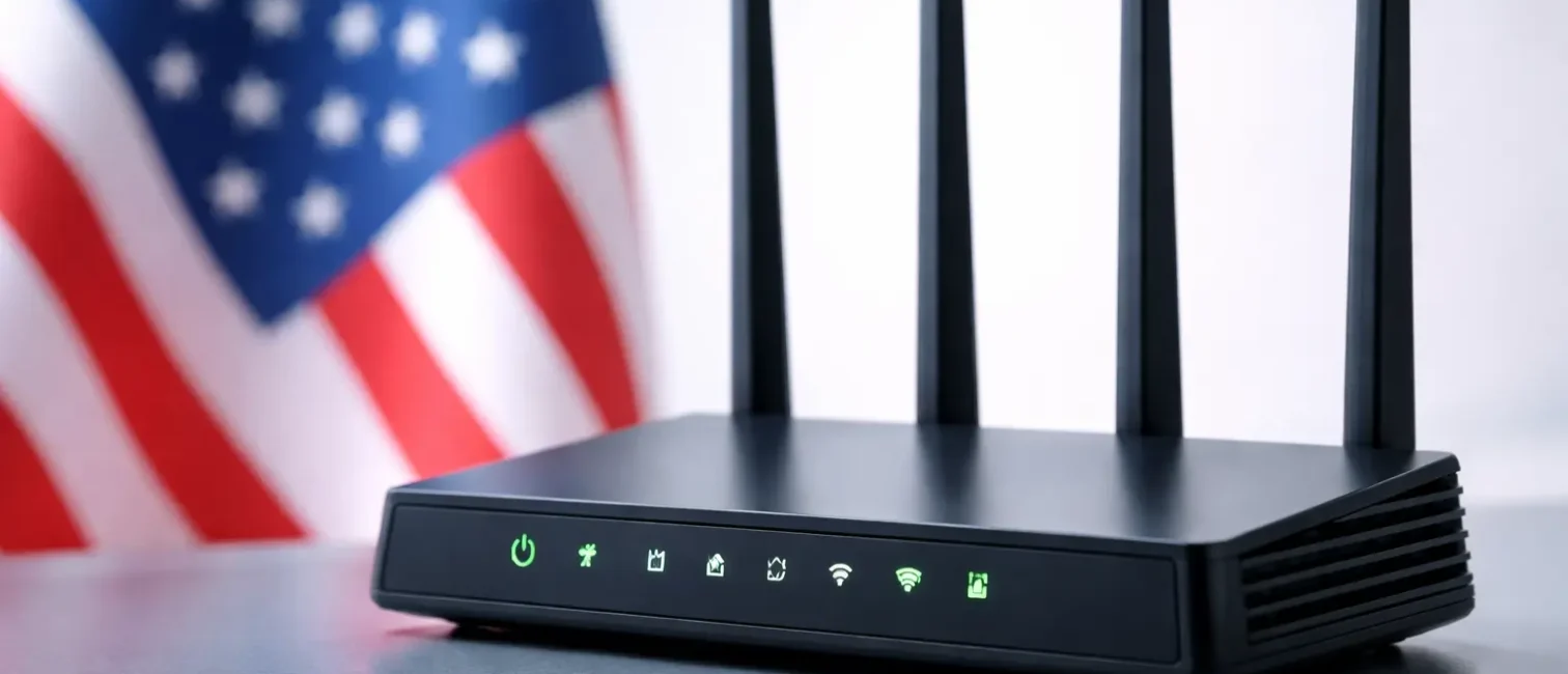 Schwarzer Router vor verschwommener Flagge