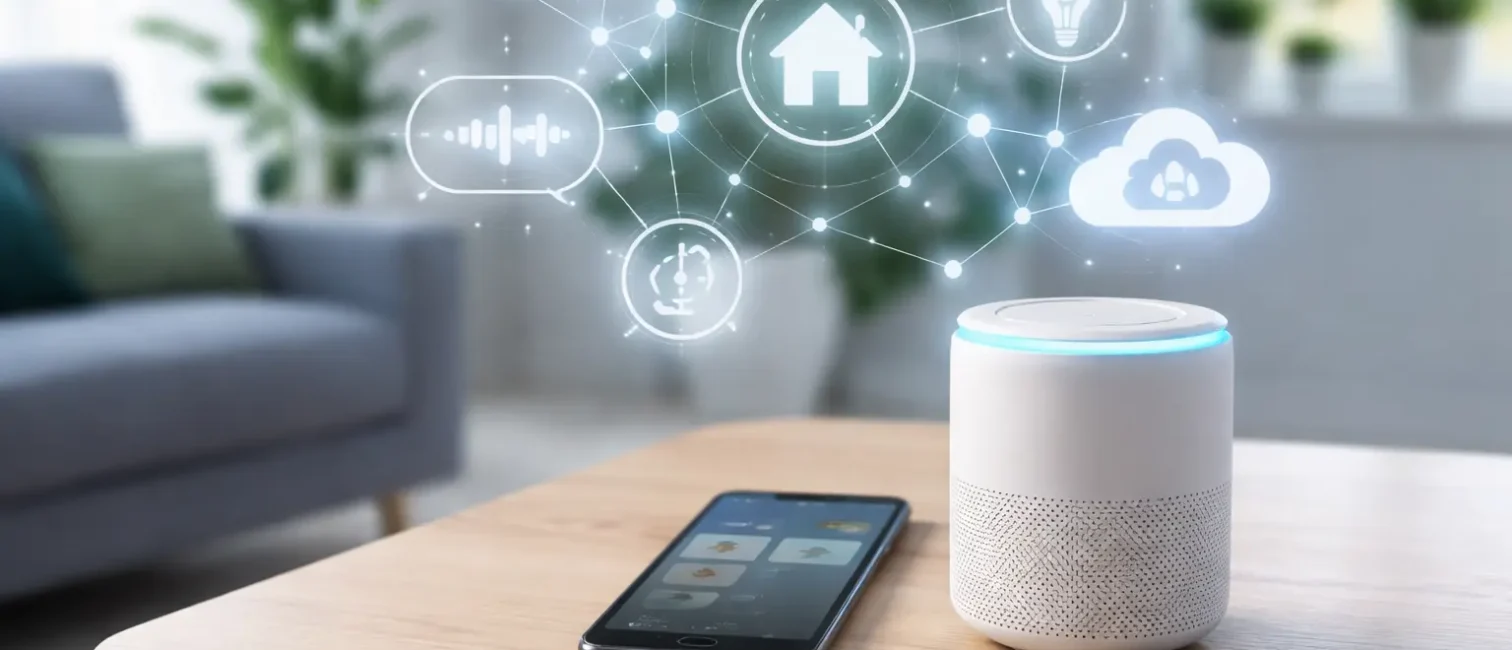 Minimalistische Smart-Home-Szene mit zentralem Steuerungspanel, dezenten Licht- und Netzwerk-Elementen sowie KI-Anmutung in moderner, reduzierter Darstellung