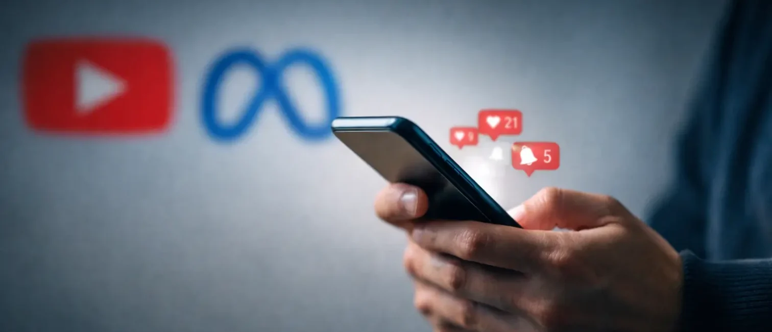 Hand hält Smartphone, dahinter unscharfe Meta- und YouTube-Symbole sowie Benachrichtigungsicons in kühler, reduzierter Bildsprache.