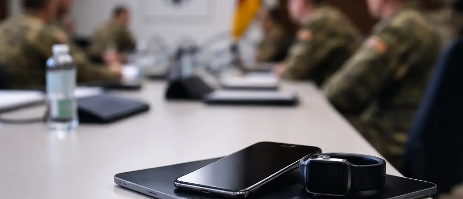 Minimalistische Nahaufnahme eines neutralen Besprechungsraums mit einem abgelegten Smartphone und einer Smartwatch auf einer Ablage, rechts im Bildfokus, als Symbol für Sicherheitsregeln und Geräteverzicht.