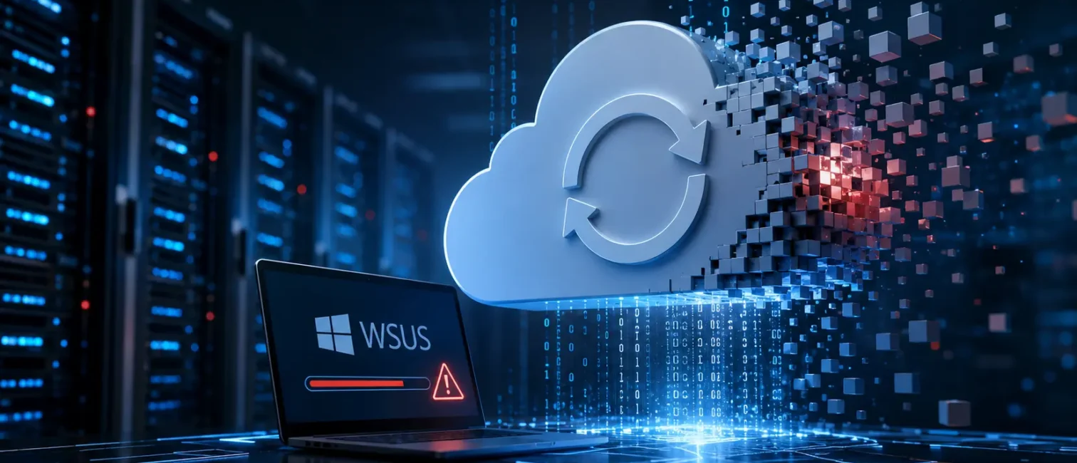 Futuristische Serverumgebung mit WSUS-Laptop, gestörter Cloud-Synchronisation und roten Warnsignalen.