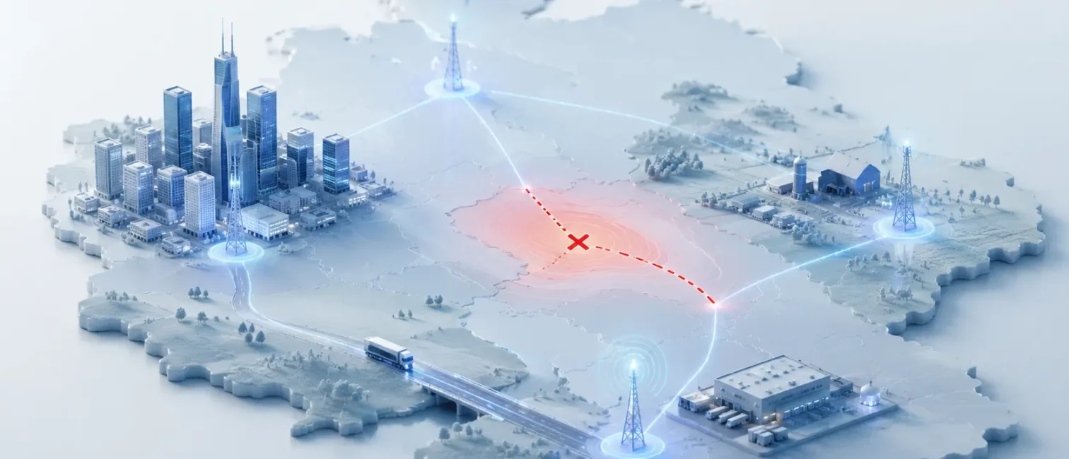 Stilisierte 3D-Karte mit Mobilfunkmasten, vernetzten Stadt-, Industrie- und Landregionen sowie einem rot markierten Funkloch als Symbol für lückenhafte Mobilfunkversorgung.