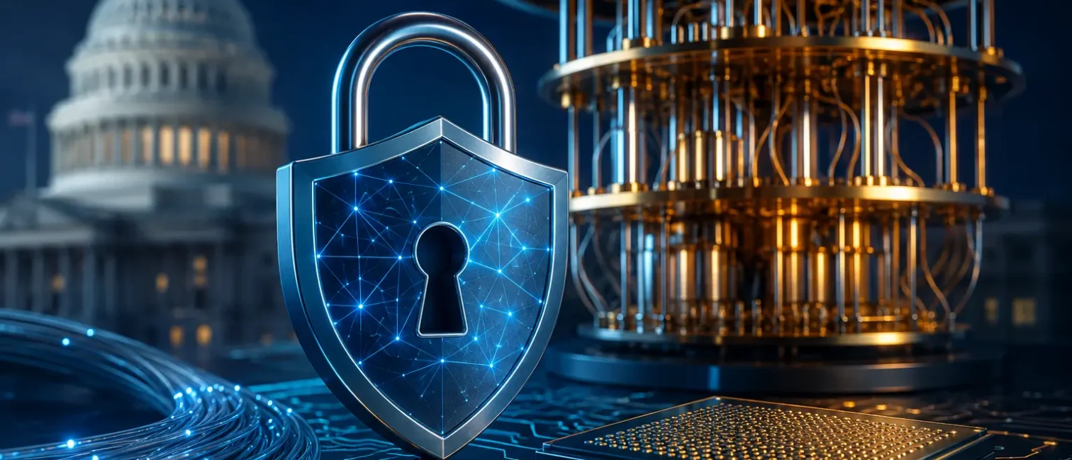 Quantencomputer, digitales Schutzschild und US-Regierungsgebäude als Symbol für Post-Quantum-Kryptografie und staatliche IT-Sicherheit.