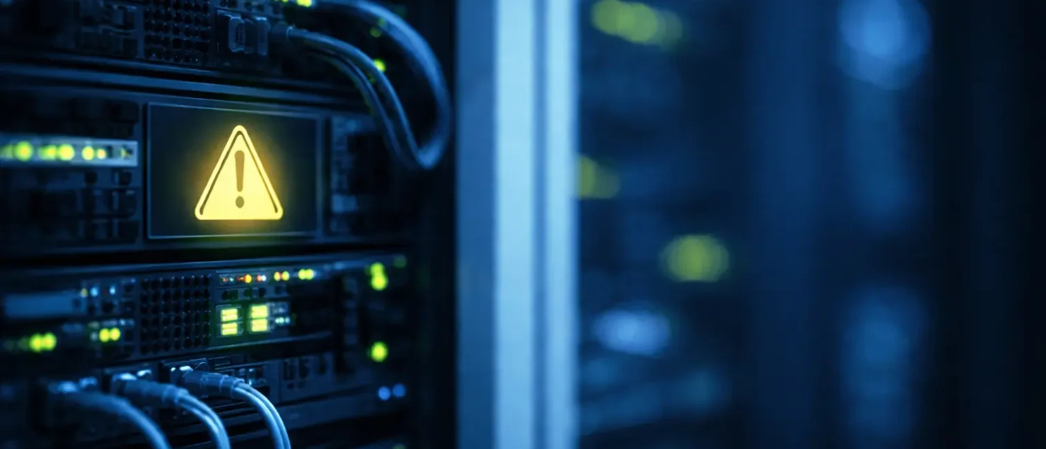 Minimalistische Serverraum-Szene mit fokussiertem Rack-Bereich auf der rechten Bildhälfte, kühle Lichtstimmung, technisch-nüchterne Atmosphäre.