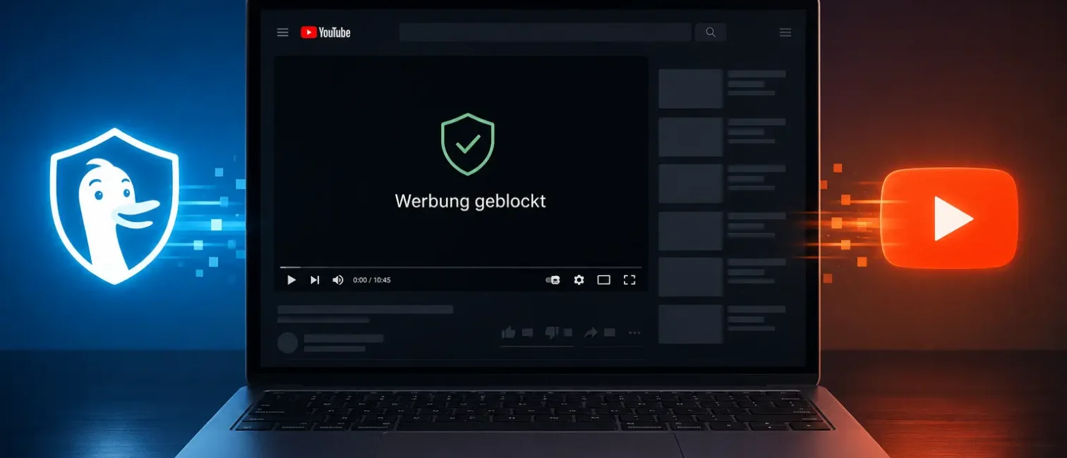aptop mit geöffneter Videoplattform, Schutzschild und Symbolen für blockierte YouTube-Werbung im DuckDuckGo-Browser.