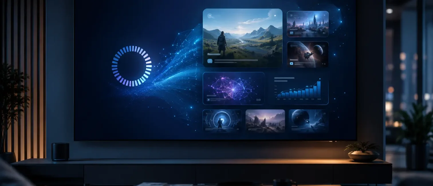 Futuristischer Bildschirm mit Ladeanimation und dynamischen KI-Inhalten in einem modernen Wohnraum.