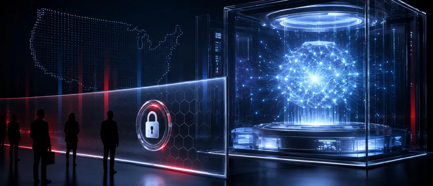 Futuristische Darstellung eines geschützten KI-Kerns hinter einer digitalen Sperre, davor silhouettierte Personen in einer dunklen Hightech-Umgebung.