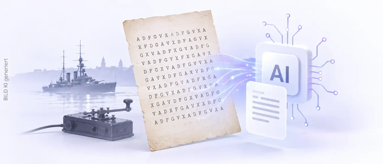 Historischer ADFGVX-Funkspruch mit Funkgerät, Kriegsschiff und KI-Chip als Symbol für die Entschlüsselung.