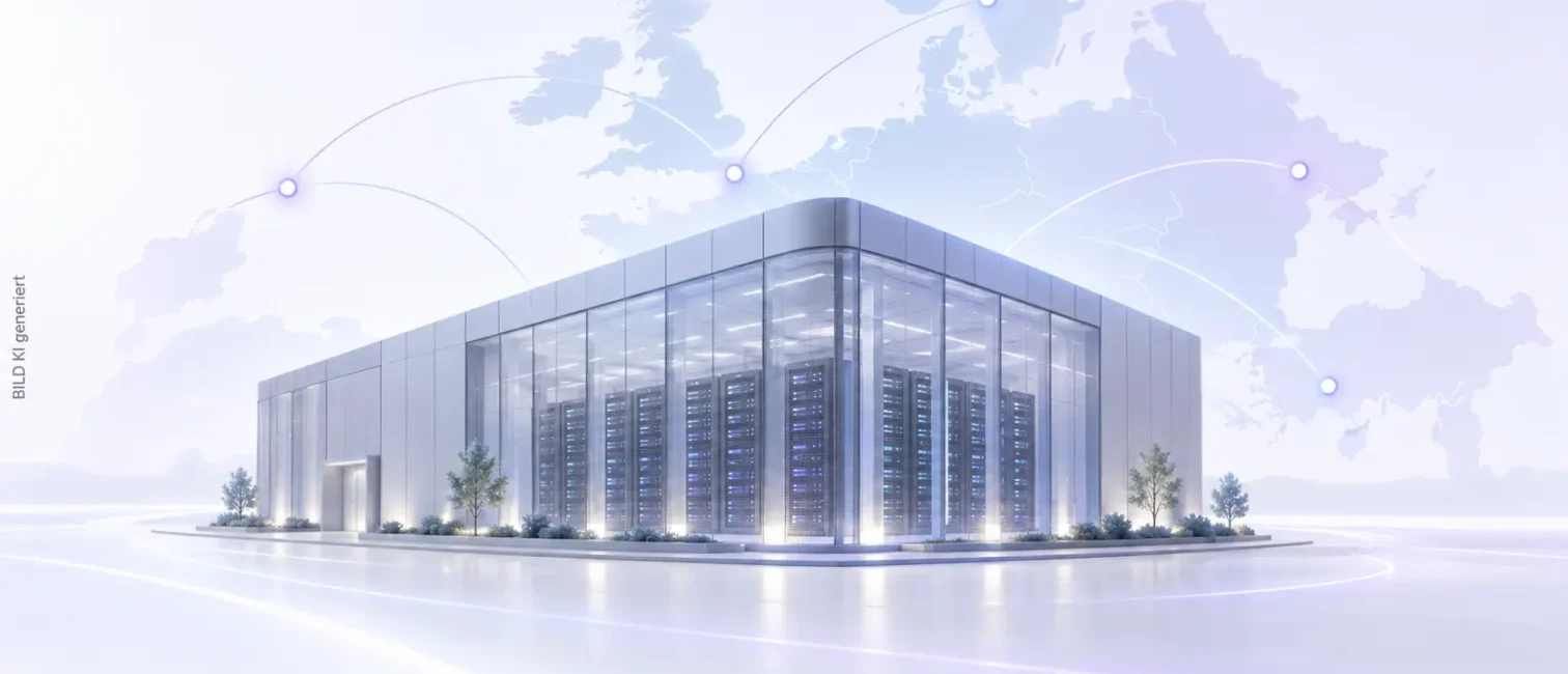 Helles Rechenzentrum mit sichtbaren Serverracks vor einer Europakarte mit dezenten Verbindungslinien.