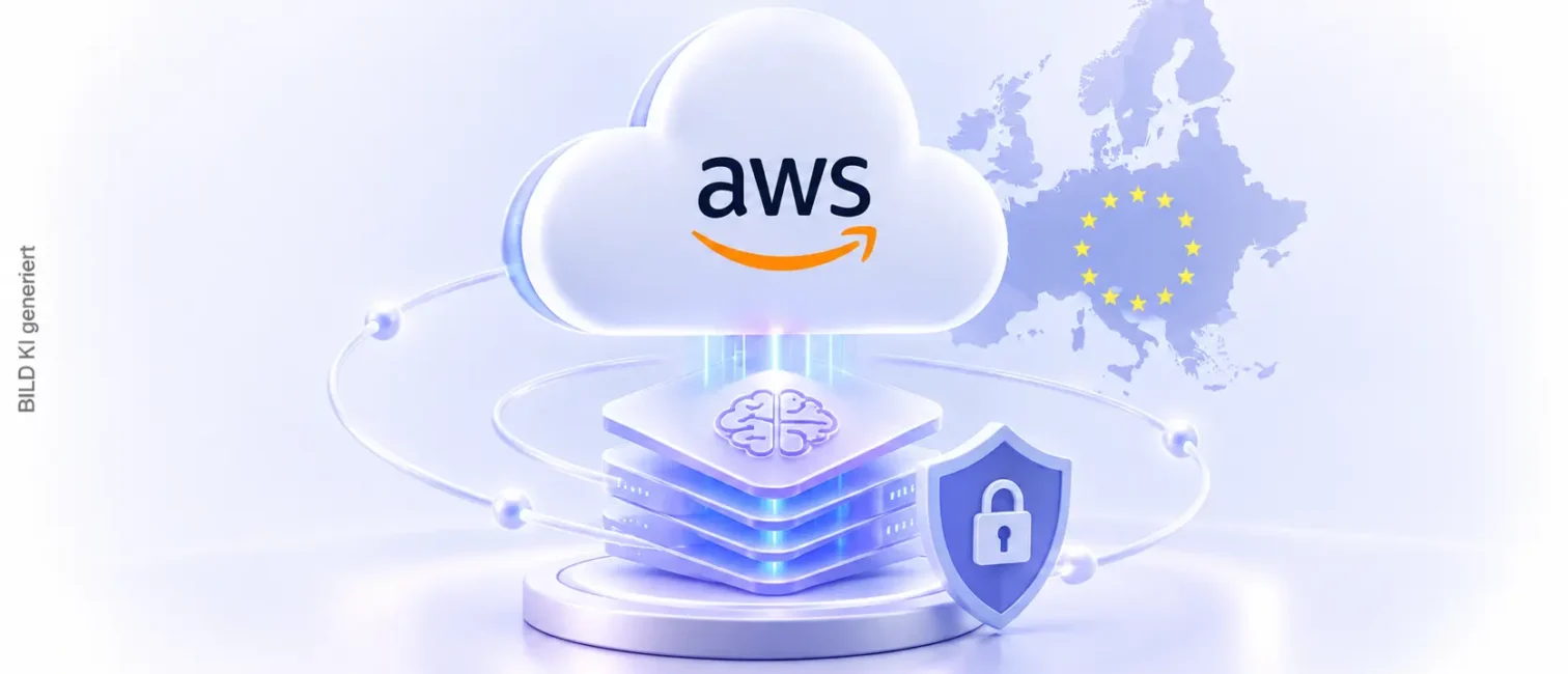 AWS-Cloud über KI-Infrastruktur mit EU-Karte und Sicherheitsschild auf hellem Hintergrund.