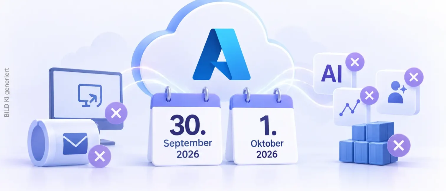 Azure-Cloud mit Kalenderdaten und auslaufenden Diensten als Symbol für die Abschaltungen zum Monatswechsel.