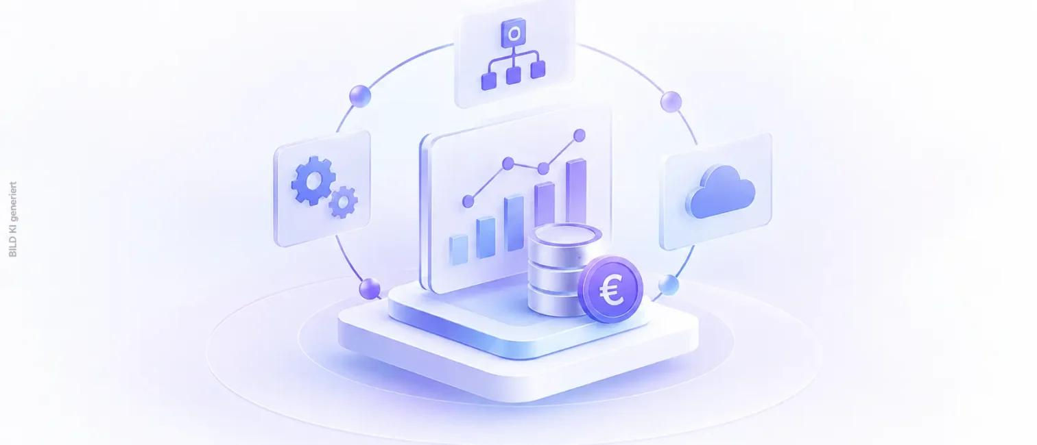 Zentrales Analytics-Dashboard mit Euro-Symbol, Cloud und Automatisierungsmodulen für Broadcom AAI v26.