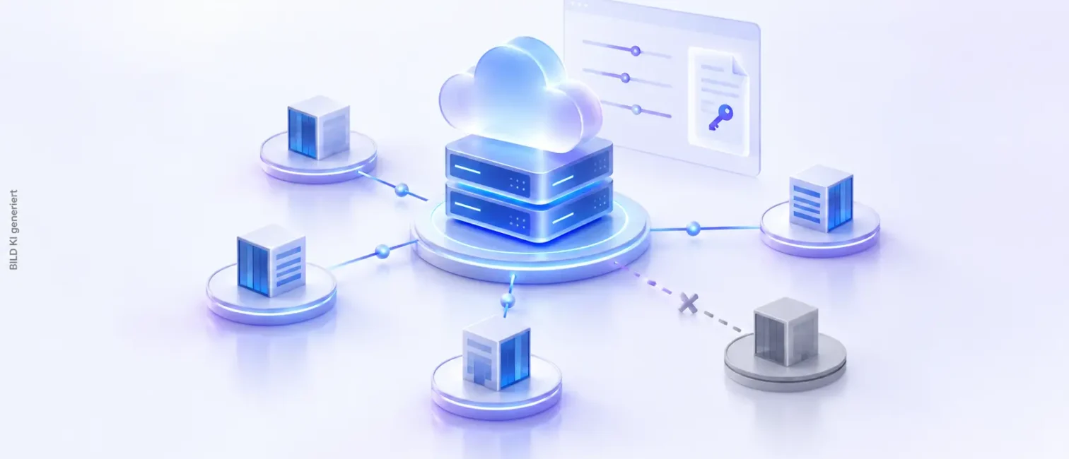 Zentrales Cloud- und Servernetzwerk mit verbundenen Partnerknoten und einem getrennten Knoten als Symbol für Broadcoms VMware-Umbau.