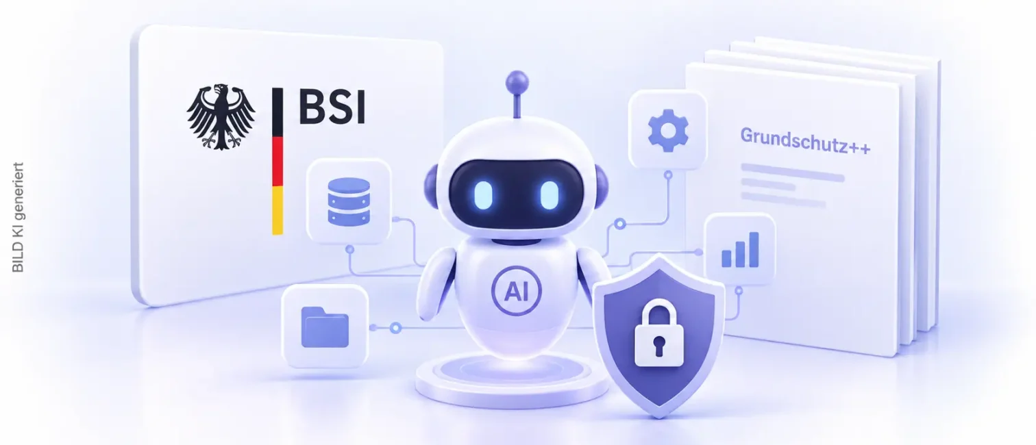 BSI-Schutzschild mit KI-Agenten, Sicherheitssymbolen und vernetzten Prüfpfaden auf hellem Hintergrund.