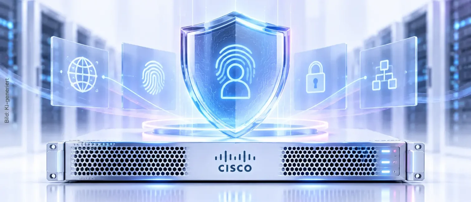 Cisco ISE als zentrale Netzwerkkomponente mit Identitäts- und Sicherheitssymbolen in heller Serverumgebung.