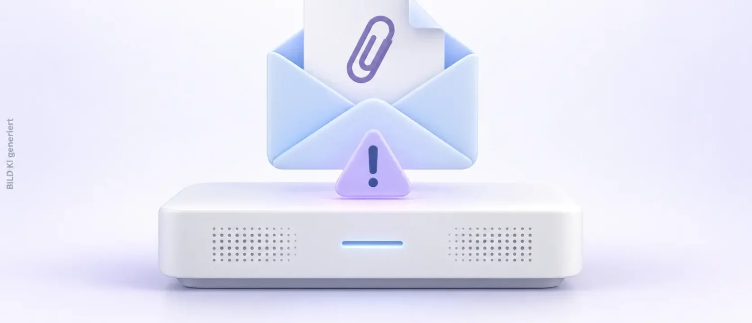 Ein E-Mail-Gateway mit schwebendem Briefumschlag, Dateianhang und Warnsymbol vor hellem lavendelfarbenem Hintergrund.