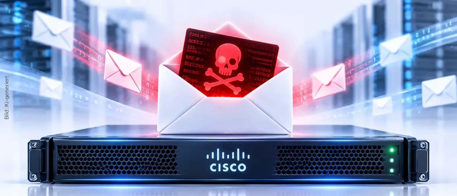 Cisco Secure Email Gateway mit präparierter E-Mail und rotem Schadcode-Symbol in heller Serverumgebung.