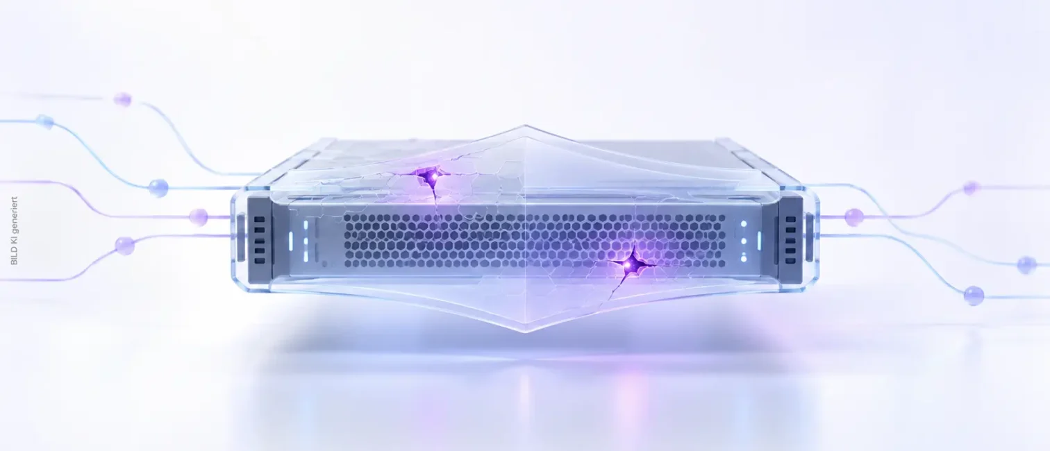 Zentrales Netzwerk-Gateway mit transparentem Schutzschild, zwei violetten Bruchstellen und feinen Datenleitungen.