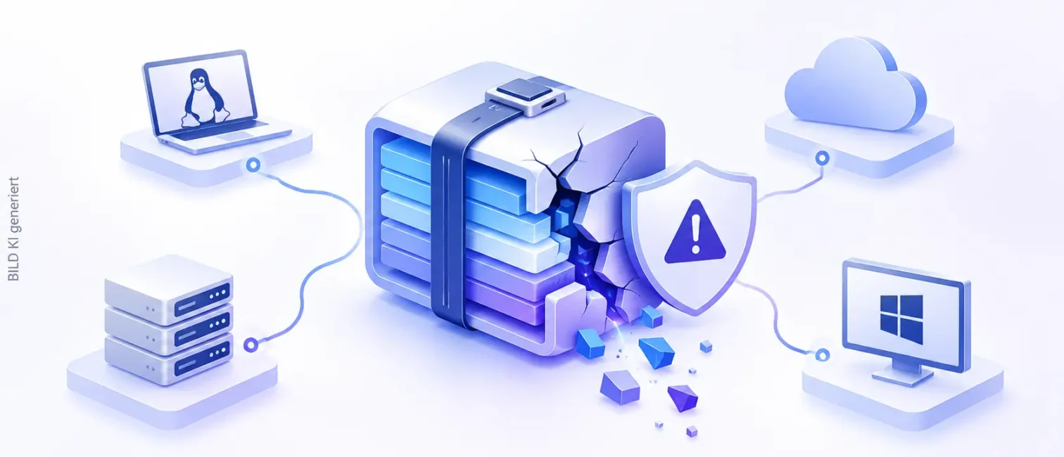 Beschädigtes Softwaremodul mit Warnschild, verbunden mit Servern, Cloud und Betriebssystemen als Symbol der Brotli-Sicherheitslücke.