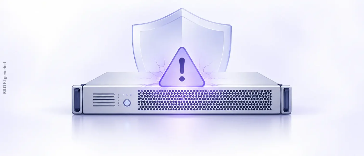Mittig stehender Management-Server mit Warnsymbol und Schutzschild vor hellem, lavendelfarbenem Hintergrund.