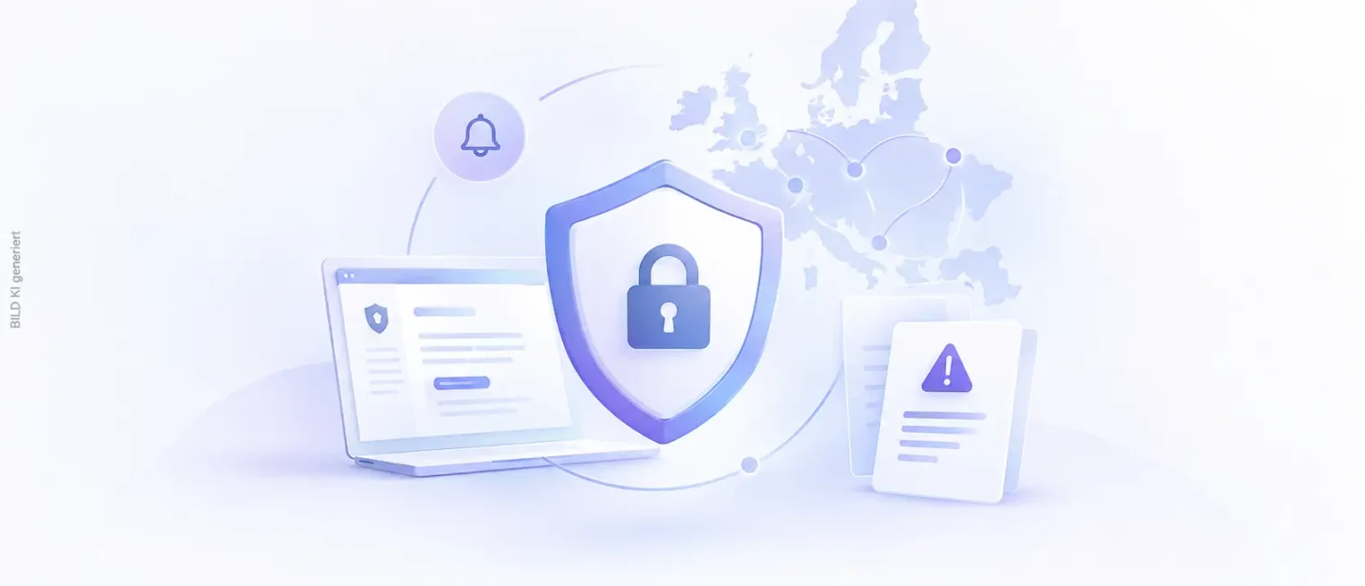 Zentrales Schutzschild mit Schloss, Warnmeldung und Europa-Karte zur neuen ENISA-Meldeplattform des Cyber Resilience Act.