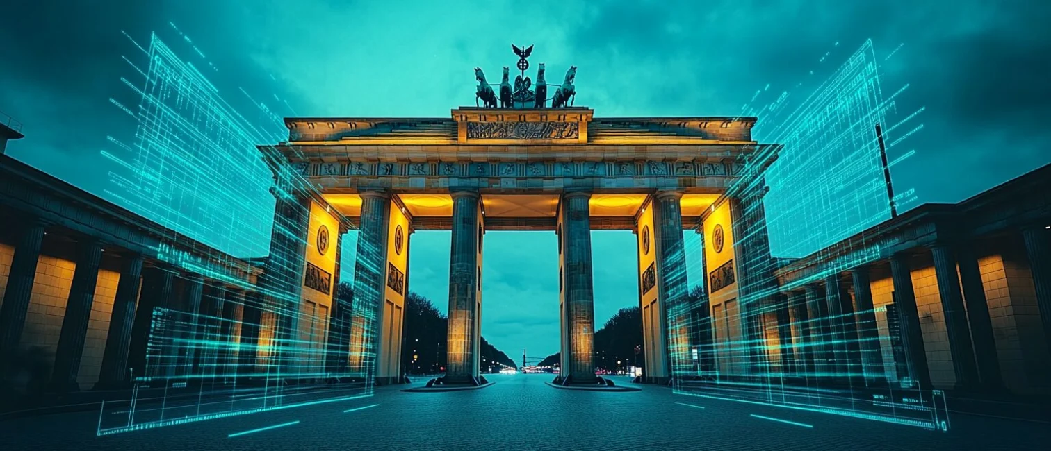 Symbolbild des Brandenburger Tors in Berlin mit futuristischer Beleuchtung als visuelle Anspielung auf Technologie und KI.