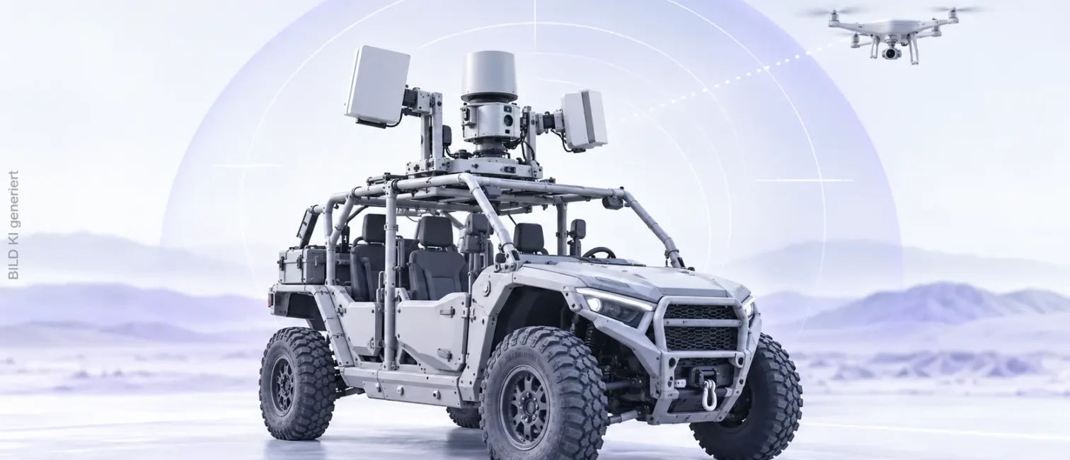 Helles Tech-Visual eines Militärfahrzeugs mit Drohnenabwehrsystem, Sensorik und erkannter Drohne im Hintergrund.