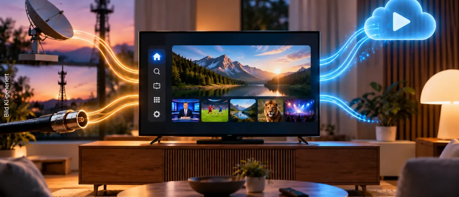 Fernseher im Wohnzimmer, links mit Satellit und Antenne und rechts mit einer Streaming-Cloud verbunden.