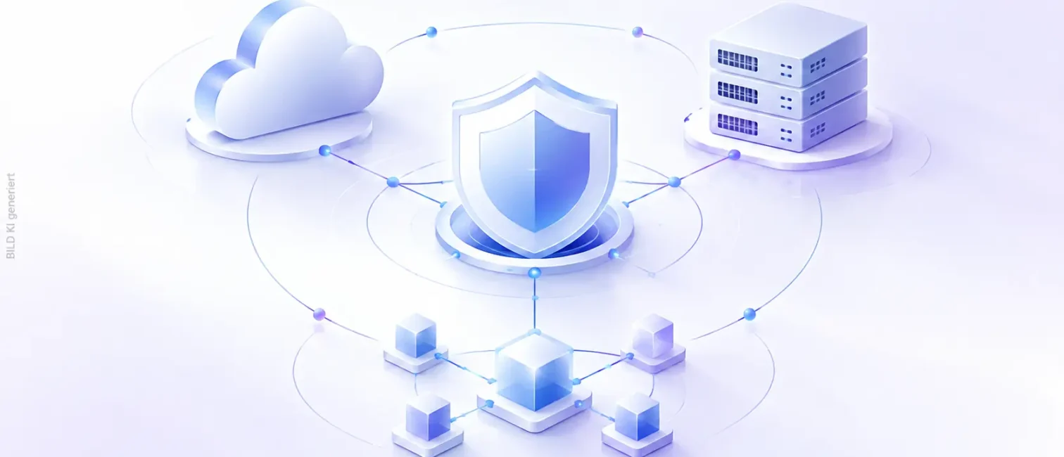 Zentraler Schutzschild verbindet Cloud, Server und Netzwerkknoten und visualisiert digitale Abhängigkeiten und Cyberresilienz.