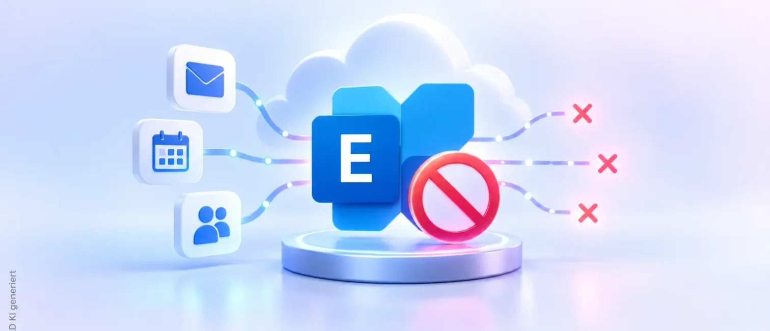 Zentrales Exchange-Symbol mit Sperrzeichen, Cloud sowie Mail-, Kalender- und Kontaktverbindungen im Hintergrund.