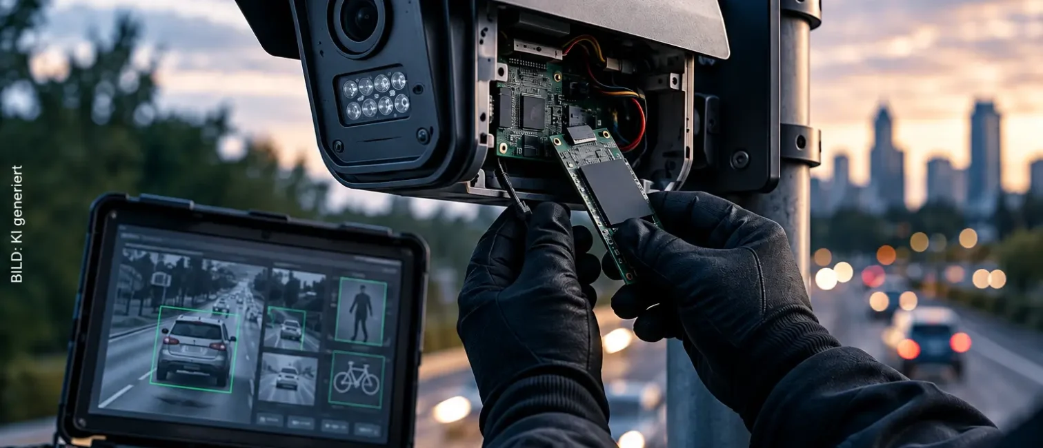 Geöffnete Überwachungskamera mit sichtbarer Elektronik und Datenspeicher vor einer Straße mit erkannten Fahrzeugen.