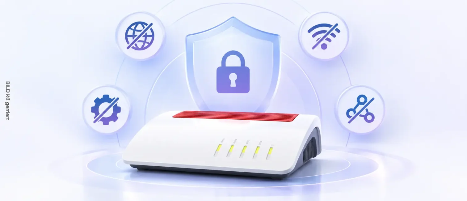 Heller WLAN-Router mit Schutzschild und Sicherheits-Symbolen als Motiv für sichere Router-Einstellungen.