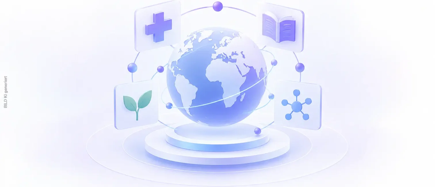 Globus mit Symbolen für Gesundheit, Bildung, Landwirtschaft und digitale KI-Infrastruktur.