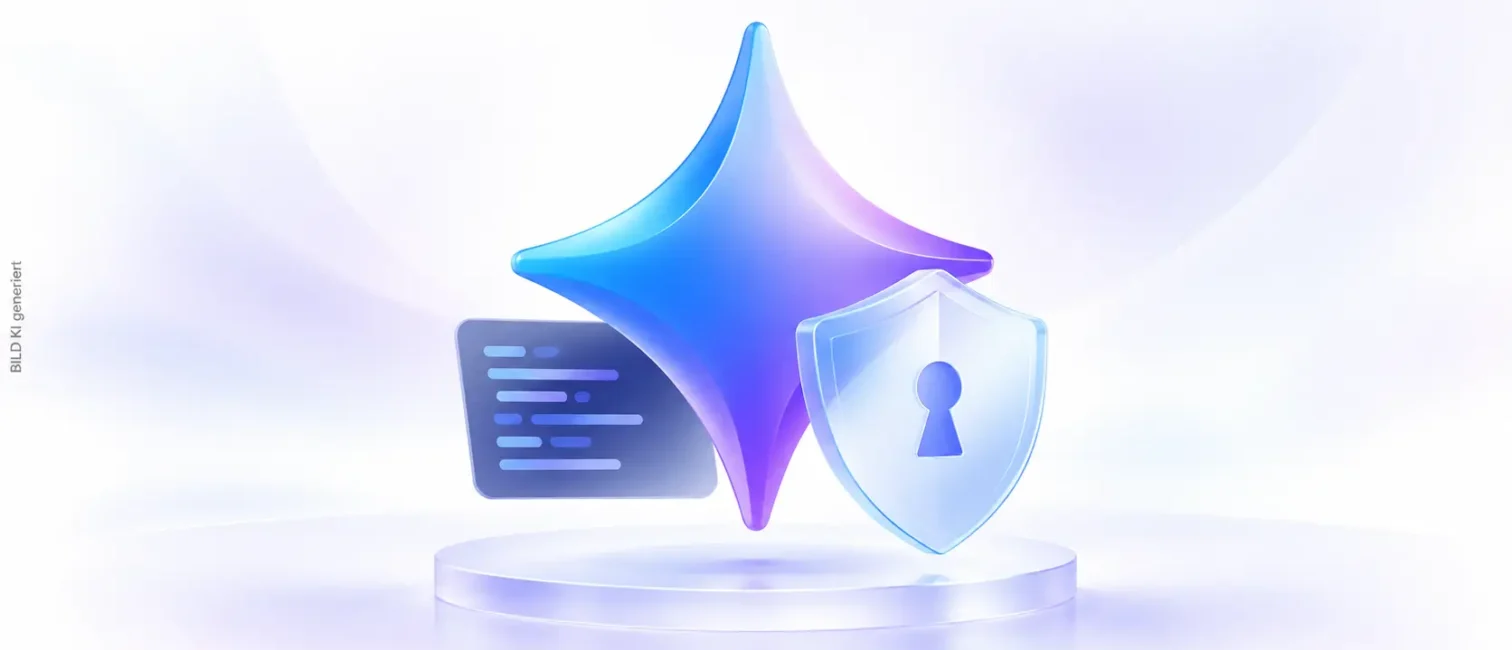 Blau-violettes Gemini-Symbol mit Schutzschild und Code-Kachel vor hellem Hintergrund.