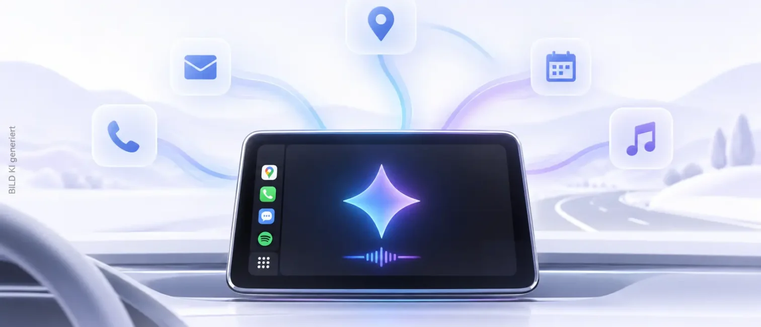 Zentrales Fahrzeugdisplay mit Gemini-Symbol, verbunden mit Navigation, E-Mail, Kalender, Telefon und Musik.