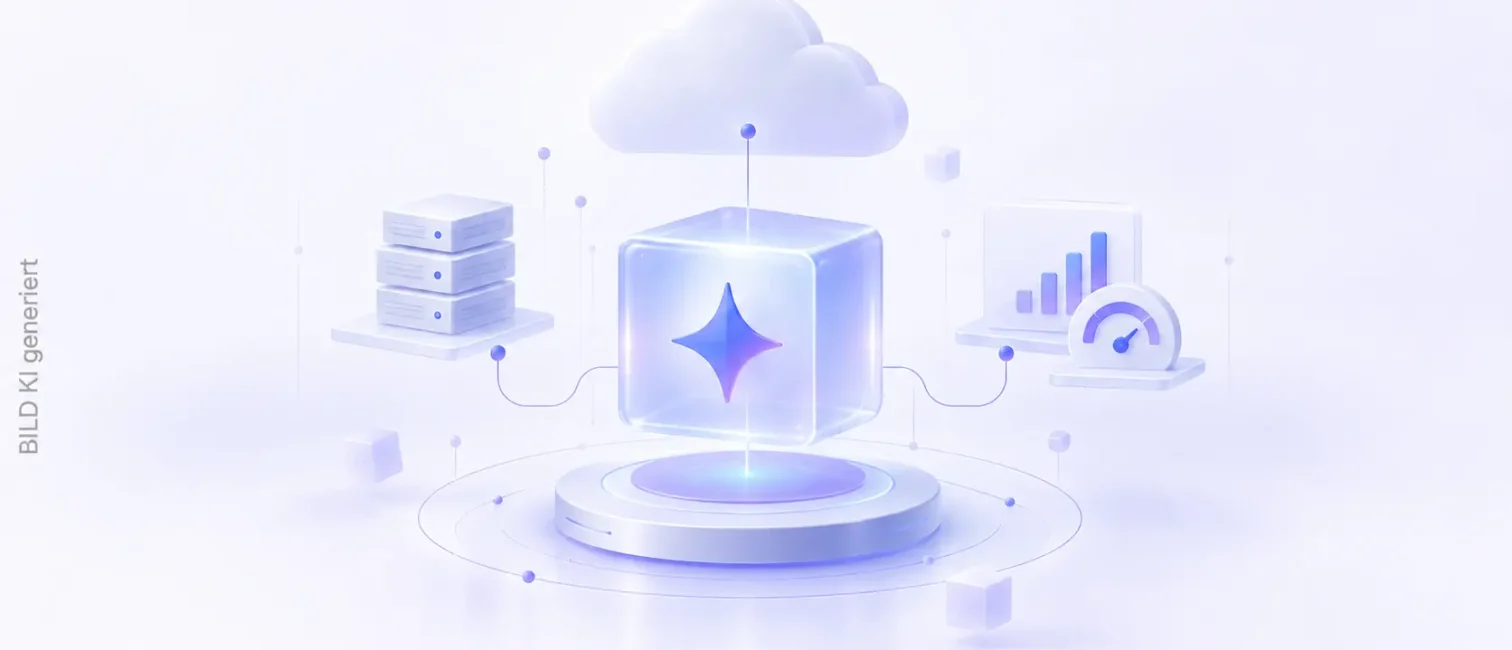 Zentrale KI-Plattform mit Cloud, Servern und Kostenanzeige in heller blau-violetter IT-Dock-Bildwelt.