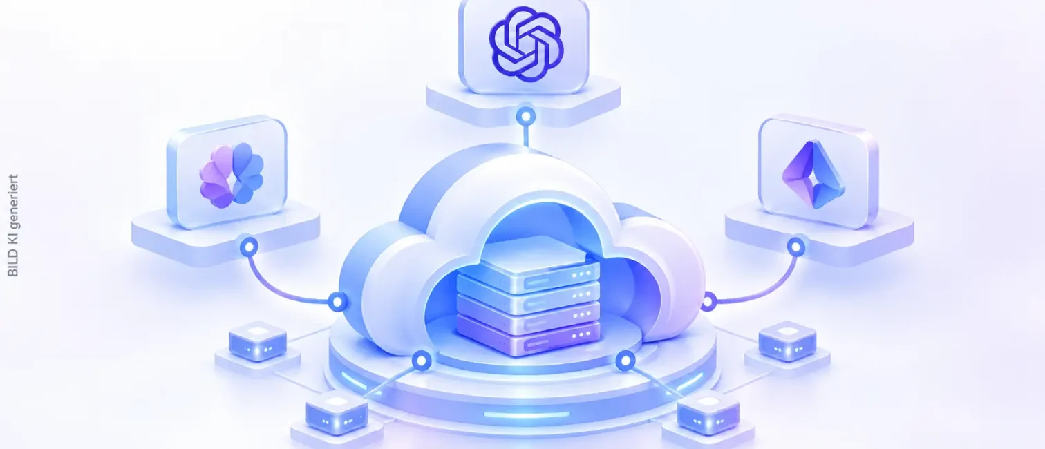 Zentrale Cloudplattform mit vernetzten KI-Modulen als Symbol für die Integration von OpenAI-Modellen in Google Cloud.