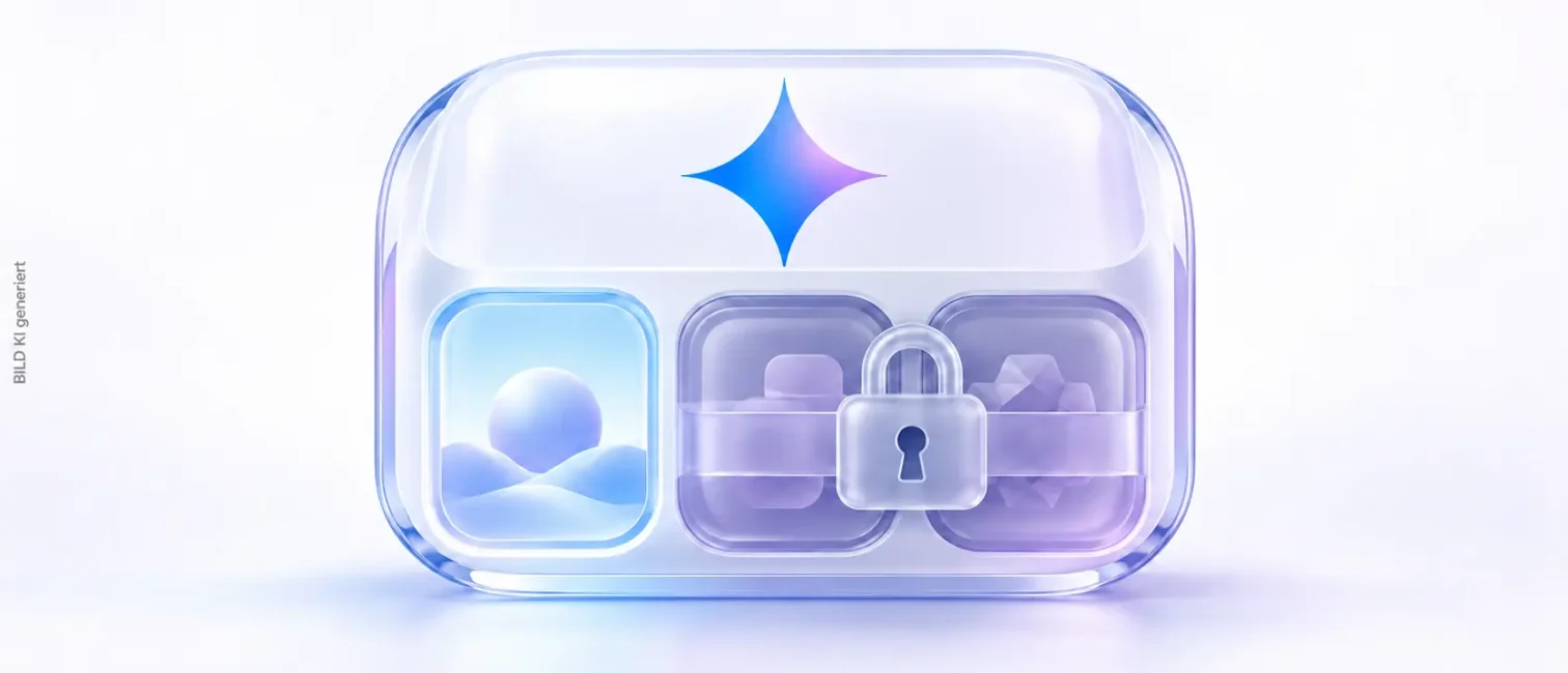 Mittiges KI-Modul mit Gemini-Symbol, einem offenen Bereich und zwei durch ein Schloss gesperrten Bereichen.