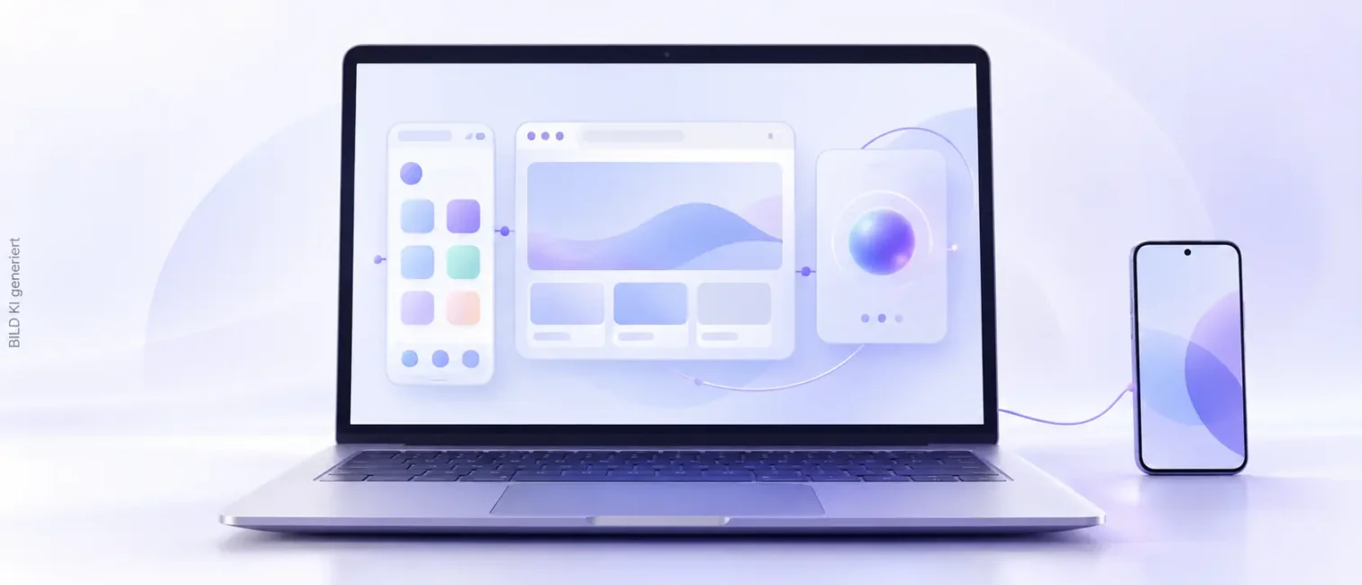 Ein mittig platzierter Laptop zeigt abstrahierte App- und KI-Oberflächen; daneben steht ein verbundenes Smartphone.