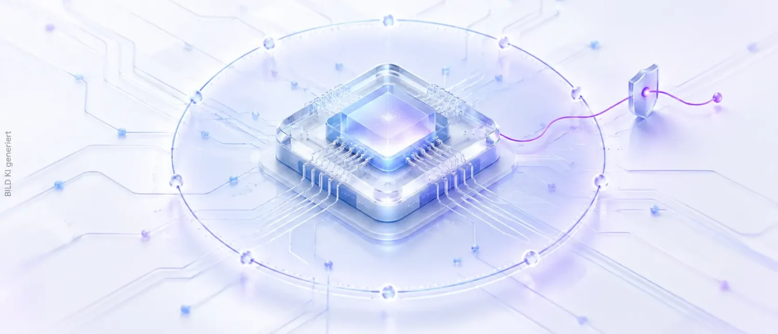 Ein zentraler KI-Chip ist von einer Sicherheitsgrenze umgeben; eine violette Signallinie führt zu einem Schutzschild.