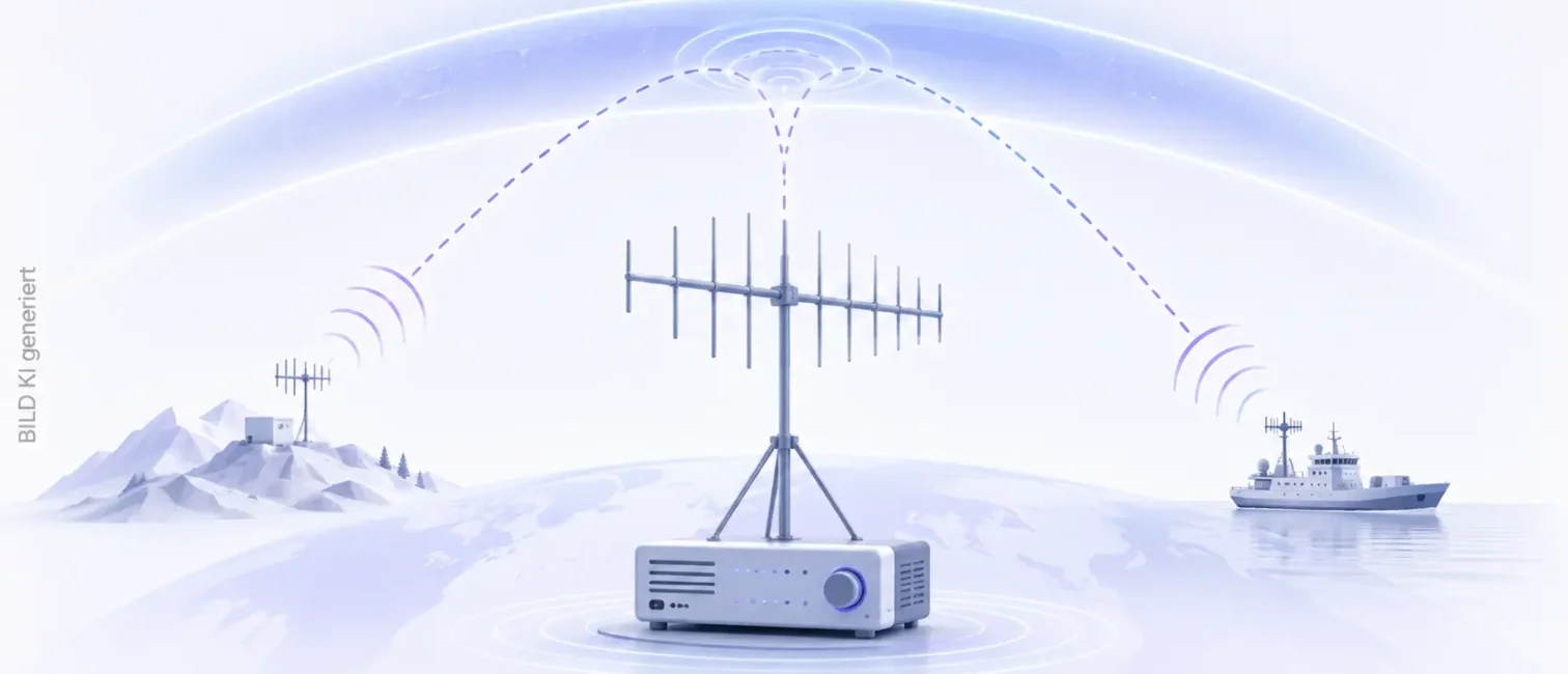 Helle Illustration eines Kurzwellenfunks mit Antenne, Funkwellen, abgelegenem Standort und Schiff.